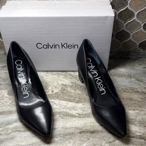 Calvin Klein Black Pointed-Toe Mid Block Heel Pumps